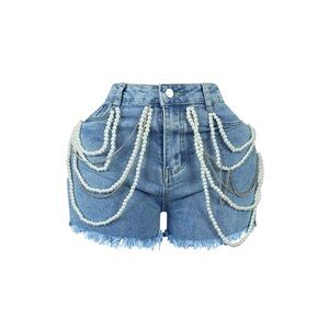 Pearl and Rhinestone Trim Stretch Denim Shorts